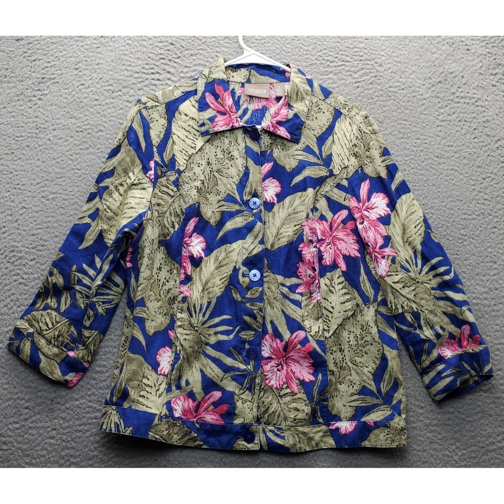Chico's Jacket Womens Medium Multi Tropical Leaf Print Linen Blend Button Front